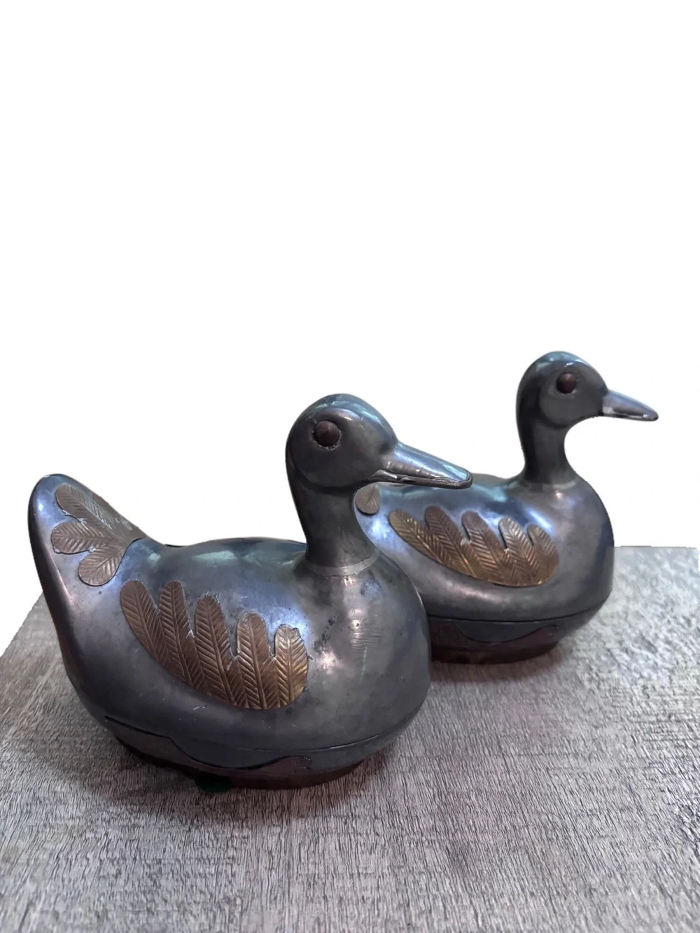 Two Vintage 5” Pewter w/ Brass Ducks w/Lids Trinket Box Heavy - Mid Century
